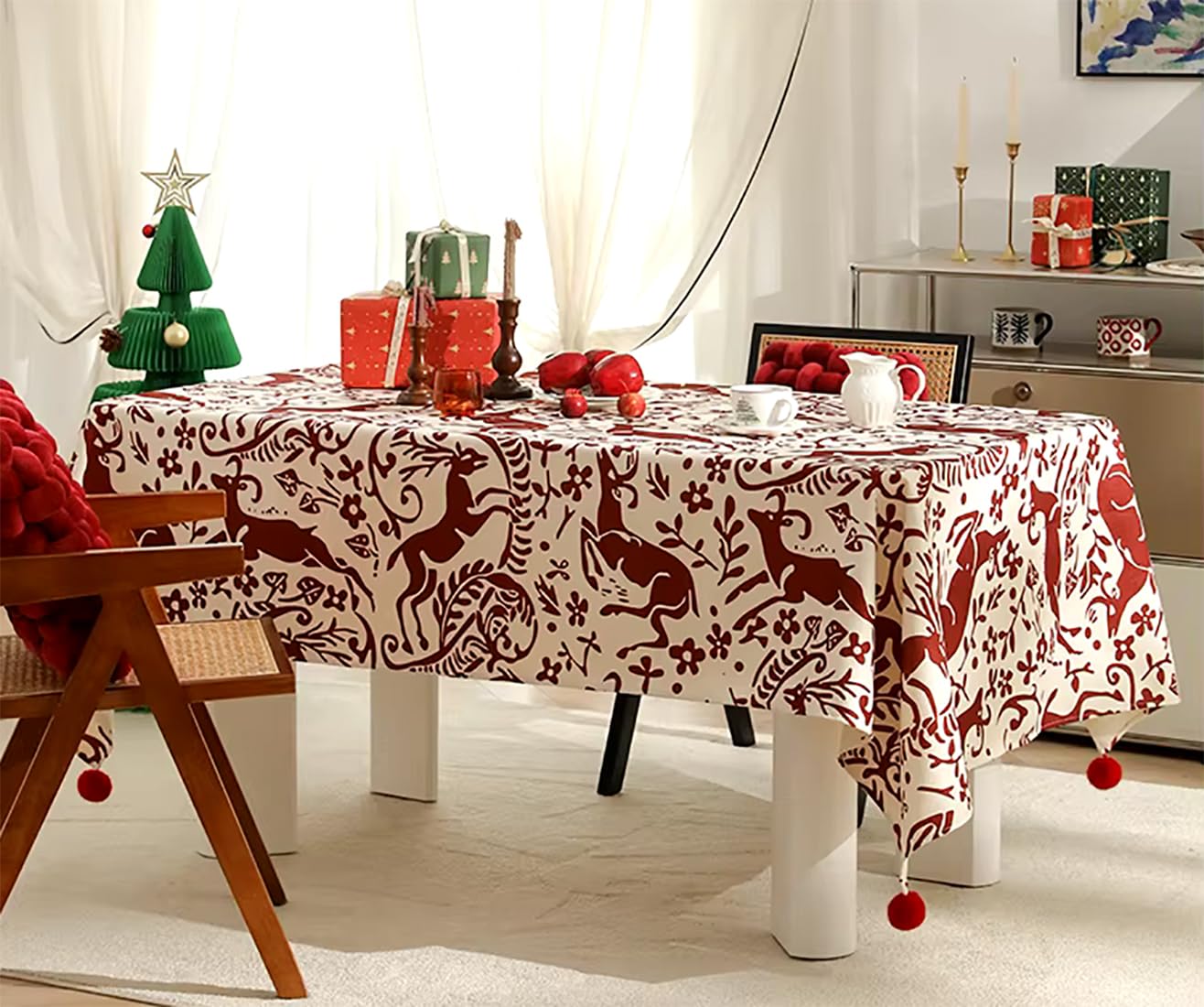 Fennco Styles Red Deer and Floral Pom Pom Christmas Tablecloth - Cotton Blend Festive Table Cover for Winter Holidays, Banquets, Family Gatherings and Special Occasions