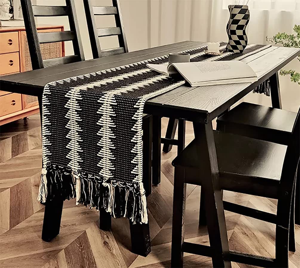 Fennco Styles Reversible Geometric Canvas Cotton Table Runner with Tassels – 14”W x 71”L Black & White Table Cover for Dining Table Décor, Banquets and Holidays
