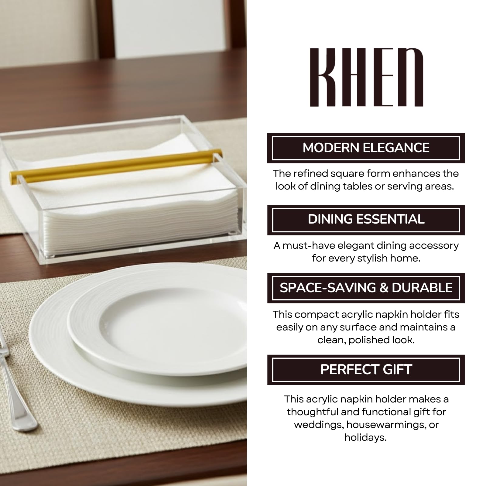 Clear & Gold Napkin Holder – 7"x 7" Square Design | Modern Table Decor