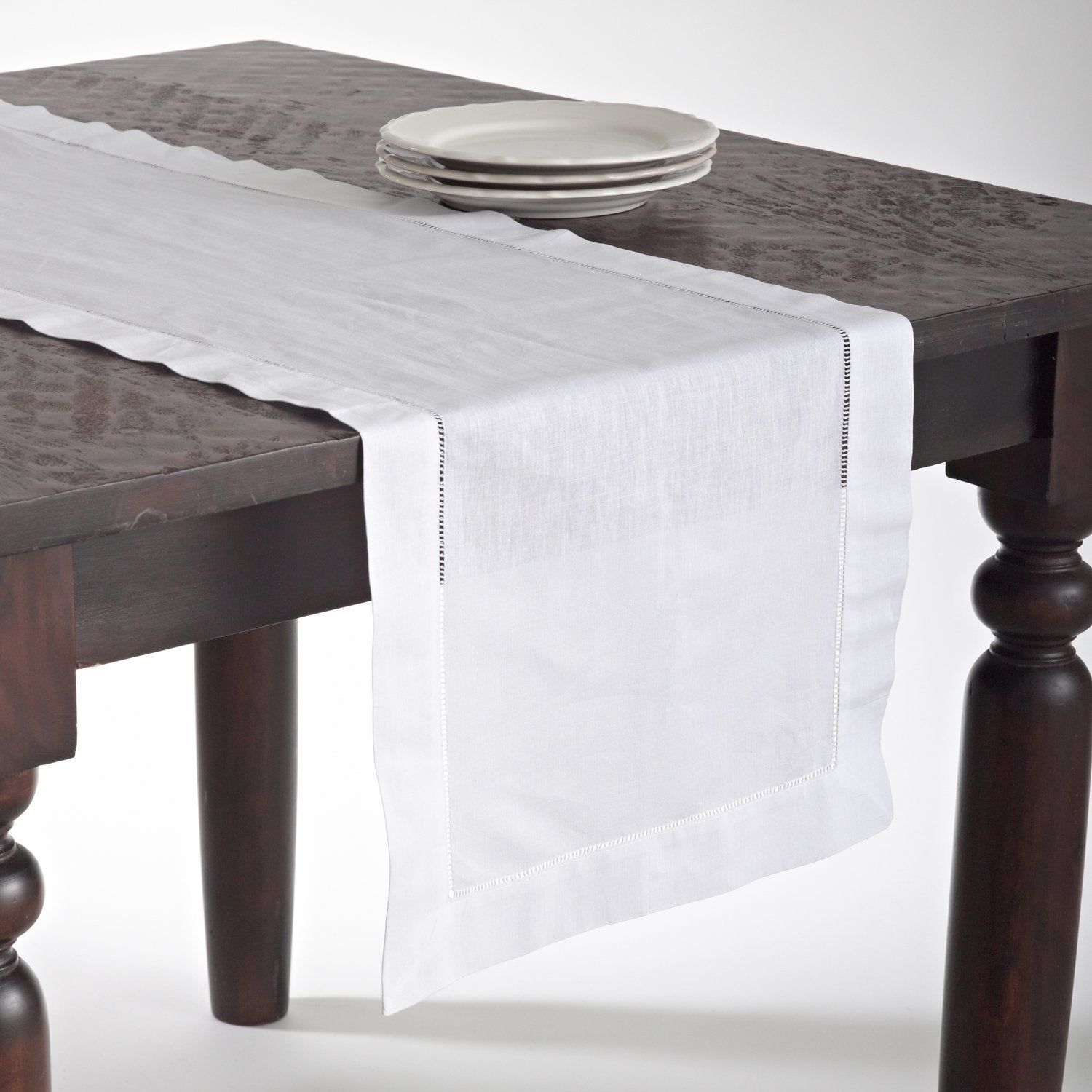 Fennco Styles Classic Handmade Hemstitch Boarder Linen Blend 16 x 72 Inch White Table Runner for Dining Table, Banquet, Wedding, Family Dinner