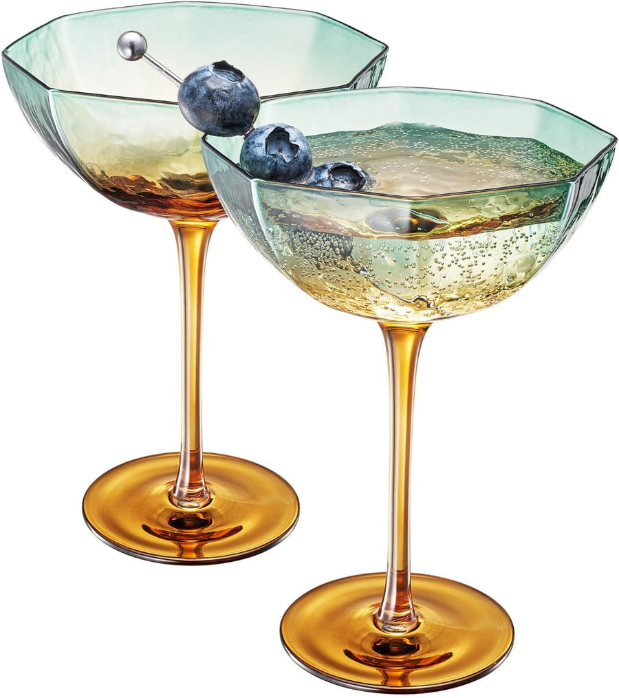 Khen Hexagonal Coupe Glasses — Teal & Brown, Set of 2