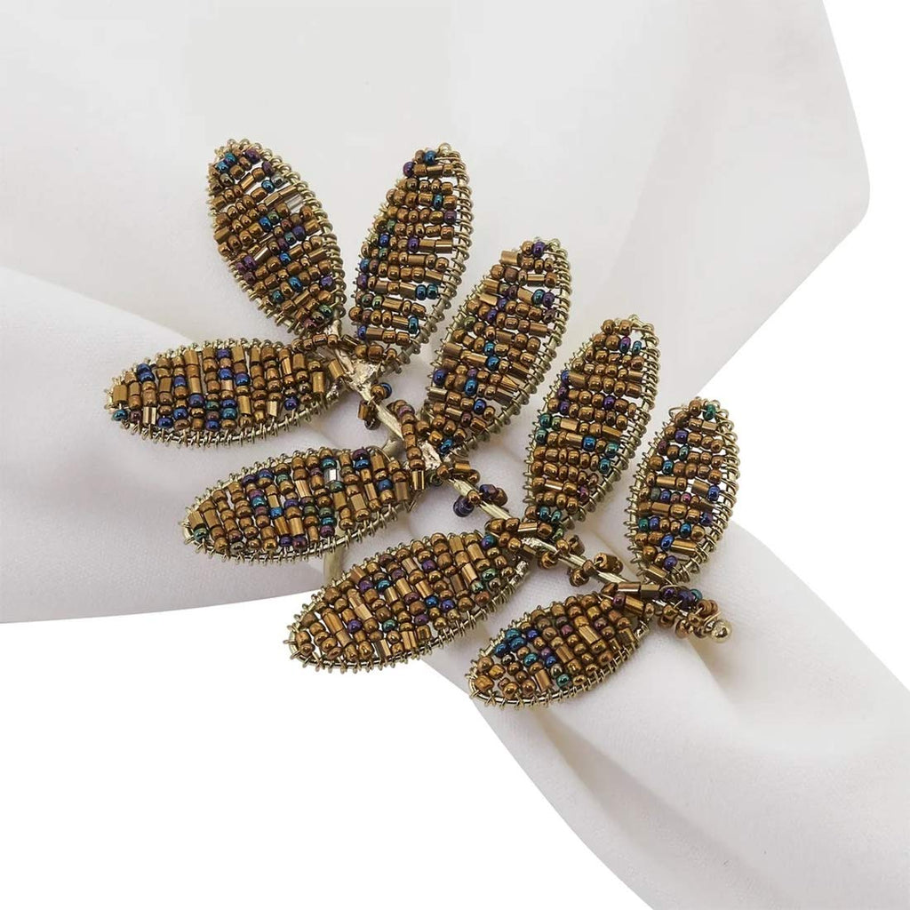 Fennco Styles Hand Beaded Leaf Decorative Napkin Rings, Set of 4 - Green Napkin Holders for Home, Dining Room, Banquet, Family Gathering, Holiday Décor and Special Occasion