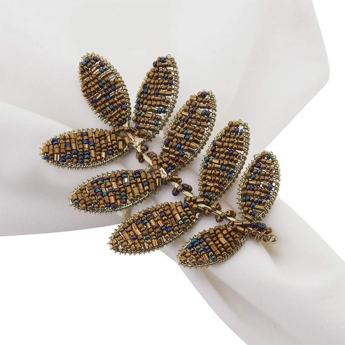 Fennco Styles Hand Beaded Leaf Decorative Napkin Rings, Set of 4 - Green Napkin Holders for Home, Dining Room, Banquet, Family Gathering, Holiday Décor and Special Occasion