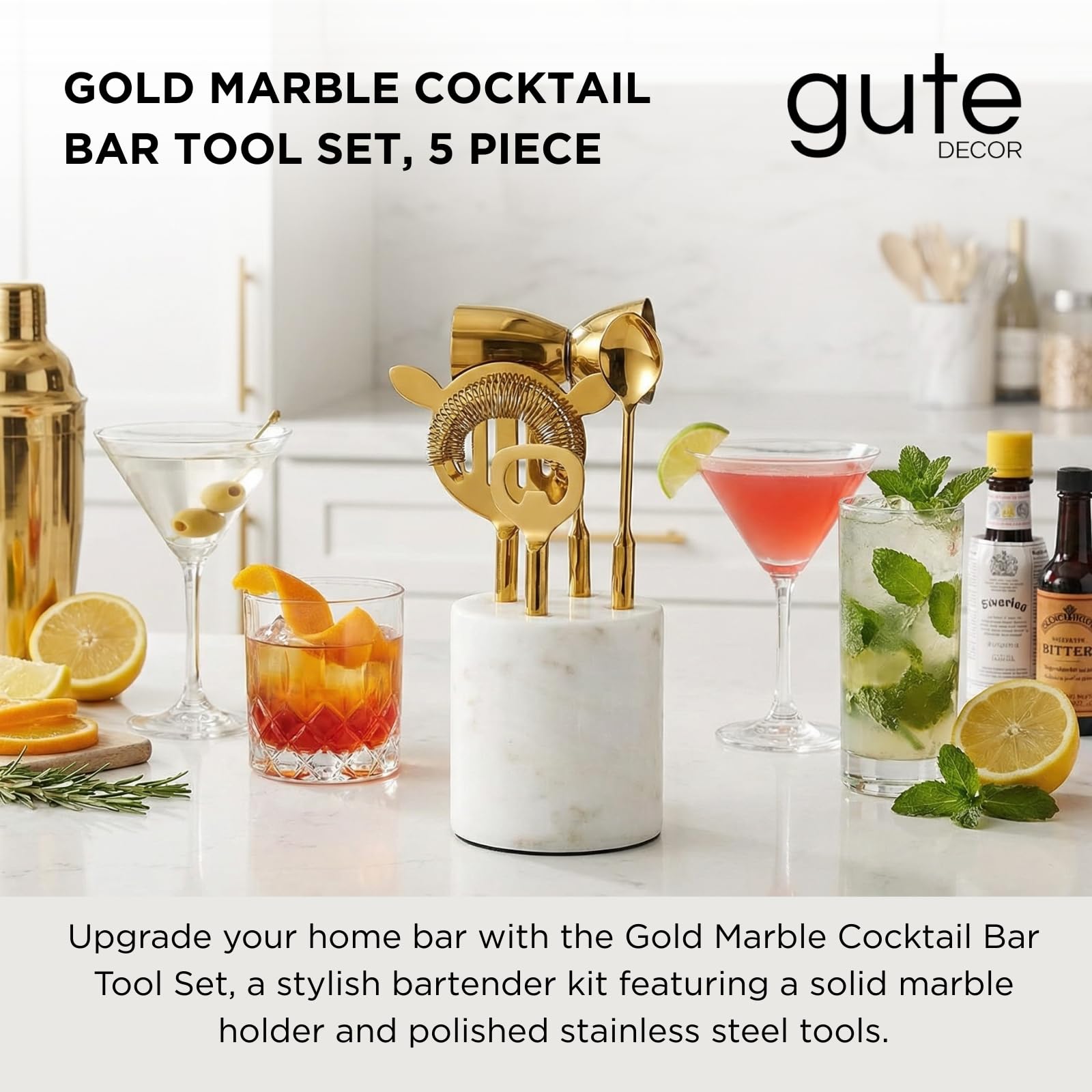 Gilt Marble Bar Tool Set — 5 Piece