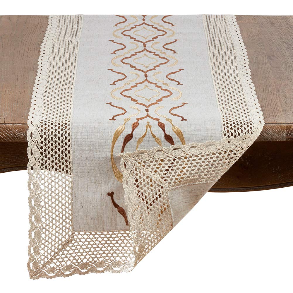 Fennco Styles Abstract Embroidery Lace Trim Table Linen Collection - Natural Table Cover for Home, Dining Room, Banquets, Holiday and Special Event