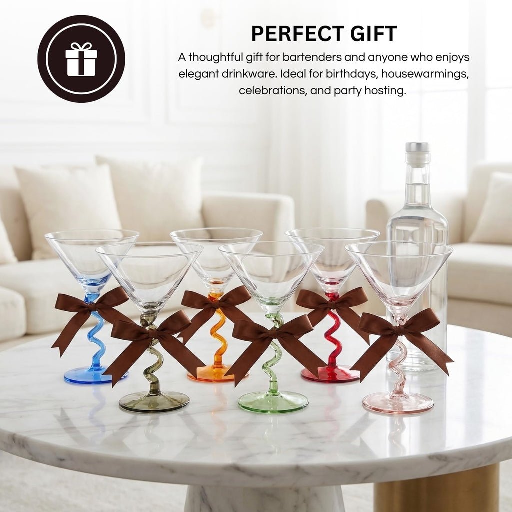 Spiral Stem Martini Glasses Set of 6, 9.2oz 7.05" Multicolor Twisted Base Glass