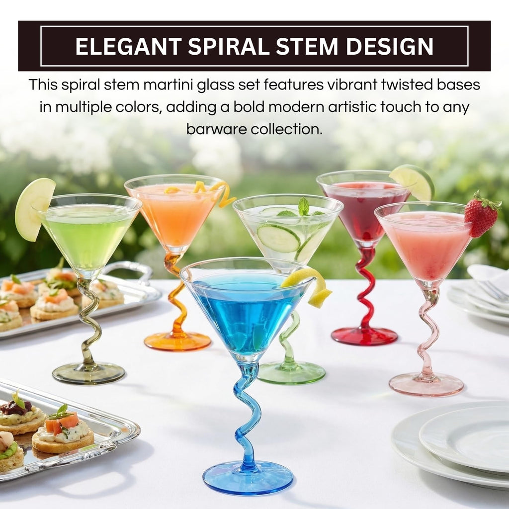 Spiral Stem Martini Glasses Set of 6, 9.2oz 7.05" Multicolor Twisted Base Glass