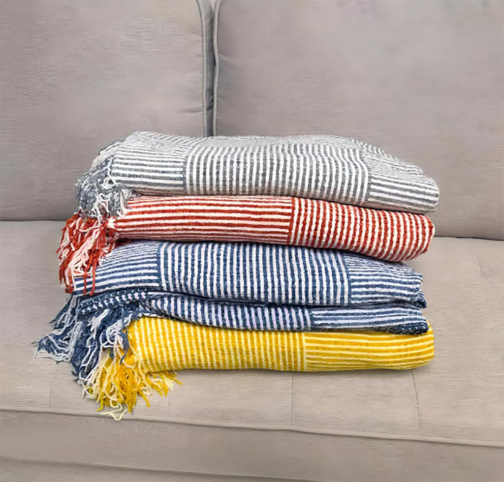Fennco Styles Chenille Woven Striped Tassel Throw Blanket 50" W x 60" L - Grey Soft Blanket for Bed, Couch, Sofa, Home, Office and Holidays Décor