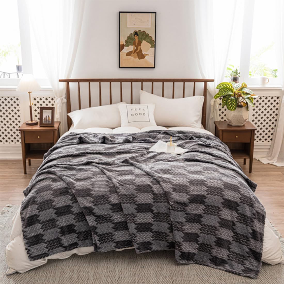Fennco Styles Wheat Pattern Plush Extra Warm and Soft Throw Blanket 59" W x 79" L - Grey Flannel Fleece Large Blanket for Couch, Bedroom, Living Room Décor