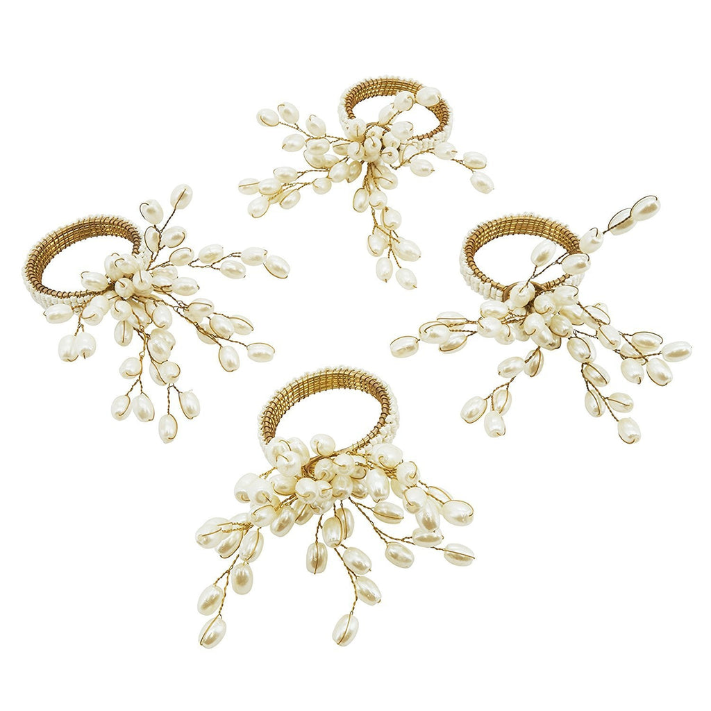 Fennco Styles Flower Beaded Design Napkin Rings, Set of 4 (Vanilla)