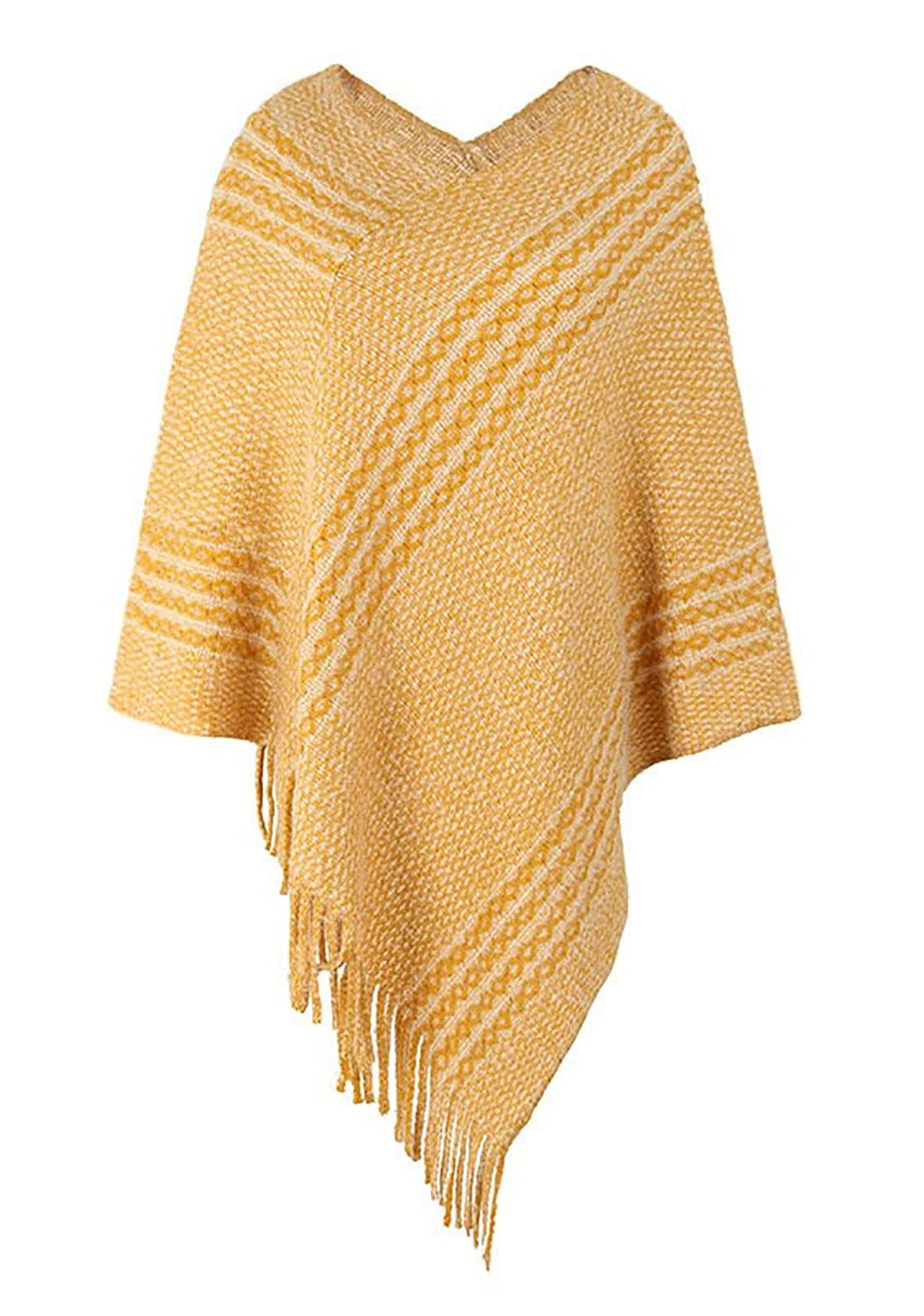 stylesilove Autumn Winter Women Stripe Knitted V-Neck Fringe Poncho Pullover Sweater Lightweight Cape Cozy Wrap Tassel Shawl