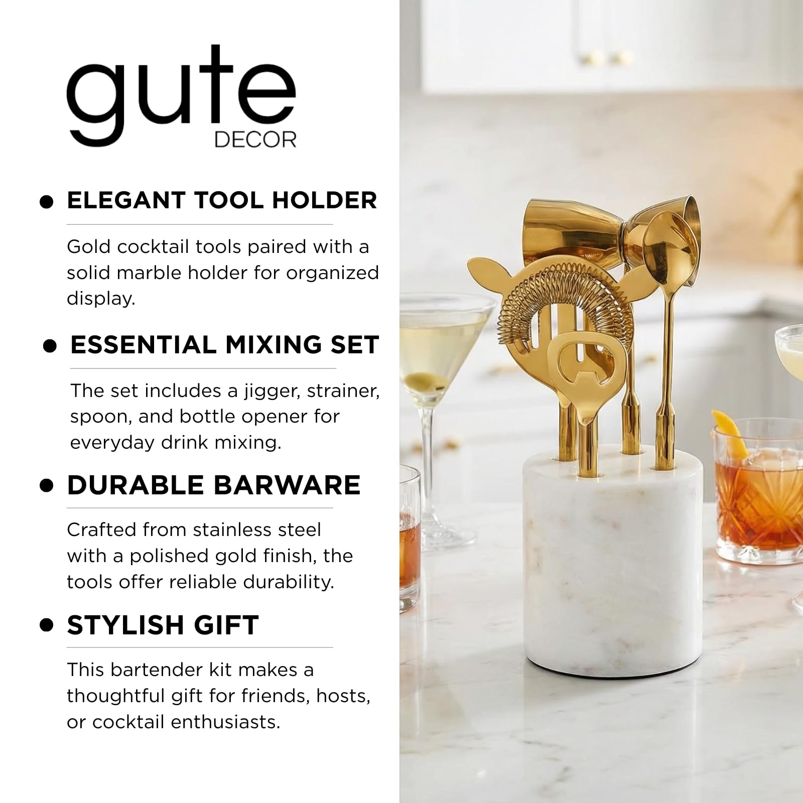 Gilt Marble Bar Tool Set — 5 Piece