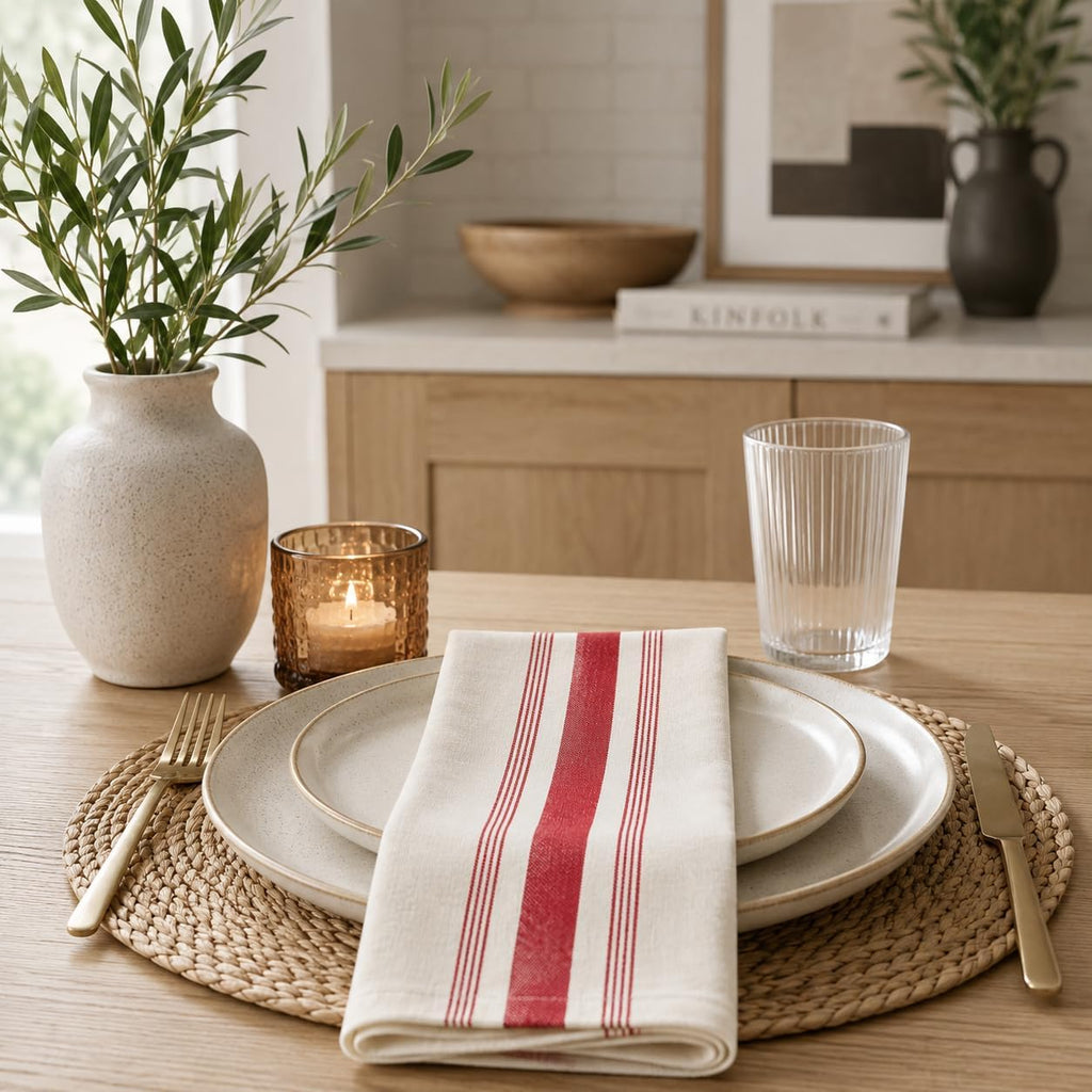 Fennco Styles Beige Cotton Cloth Napkins with Red Striped Design 20" X 20", Set of 4 - Farmhouse Reusable Dinner Napkins for Everyday Dining, Kitchen, Holiday & Rustic Table Décor