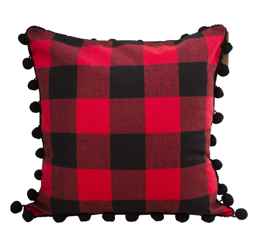 Fennco Styles Buffalo Plaid Red and Black with Pom Pom Design 17-Inch Square Decorative Throw Pillow for Holiday, Christmas, Home and Bedroom Décor