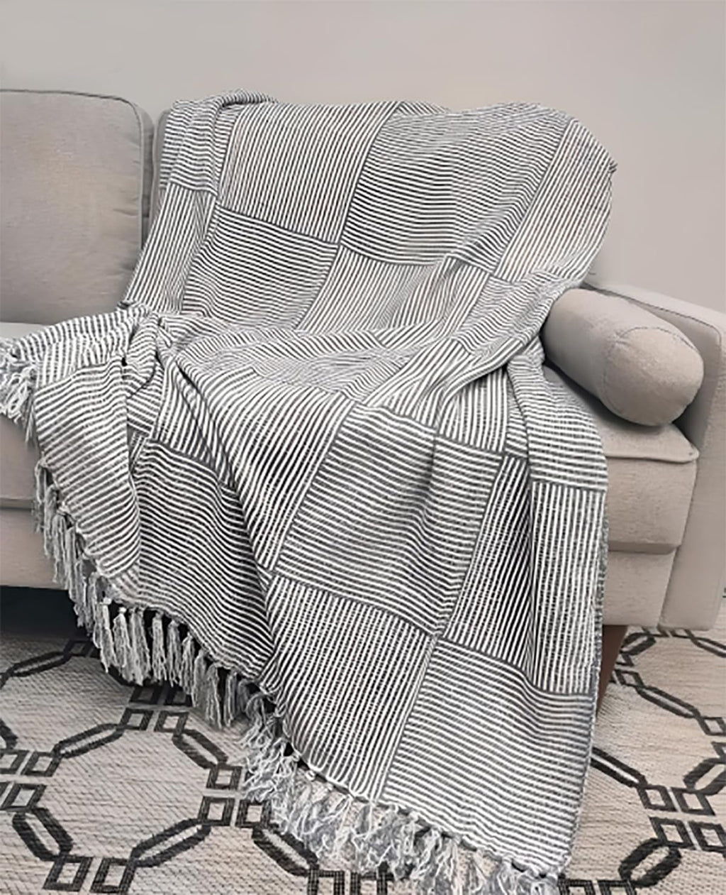 Fennco Styles Chenille Woven Striped Tassel Throw Blanket 50" W x 60" L - Grey Soft Blanket for Bed, Couch, Sofa, Home, Office and Holidays Décor