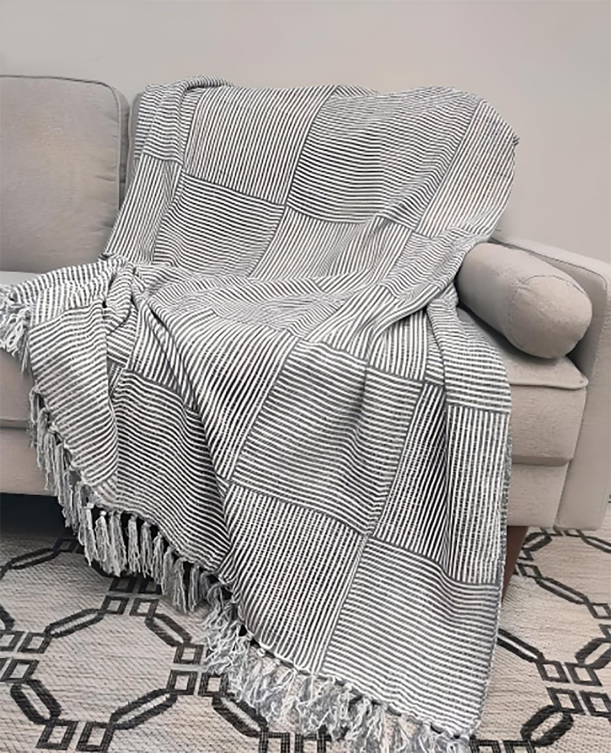 Fennco Styles Chenille Woven Striped Tassel Throw Blanket 50" W x 60" L - Grey Soft Blanket for Bed, Couch, Sofa, Home, Office and Holidays Décor