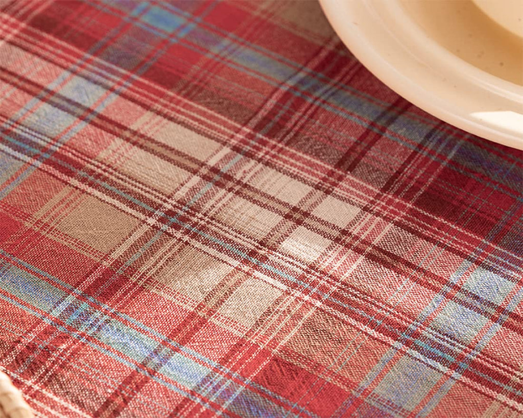 Fennco Styles Plaid Ruffled Border Cotton Woven Tablecloth 56" W x 71" L - Khaki Tartan Table Cover for Banquets, Holiday, Special Events, Home, Dining Room Décor and Everyday Use