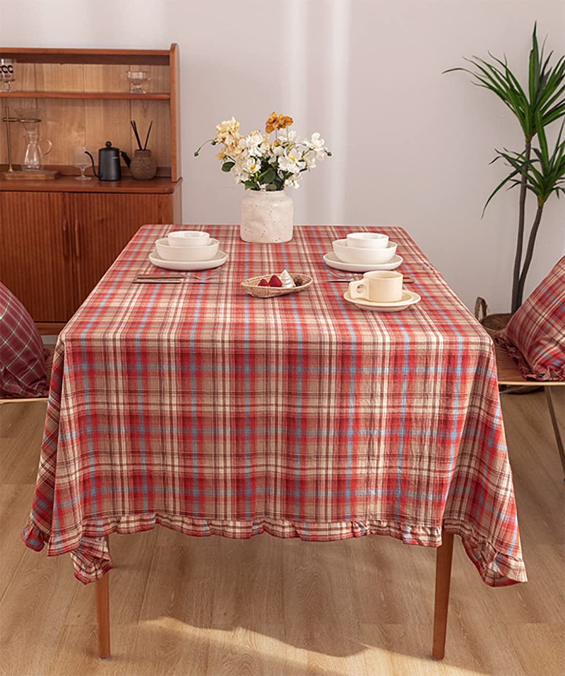 Fennco Styles Plaid Ruffled Border Cotton Woven Tablecloth 56" W x 71" L - Khaki Tartan Table Cover for Banquets, Holiday, Special Events, Home, Dining Room Décor and Everyday Use