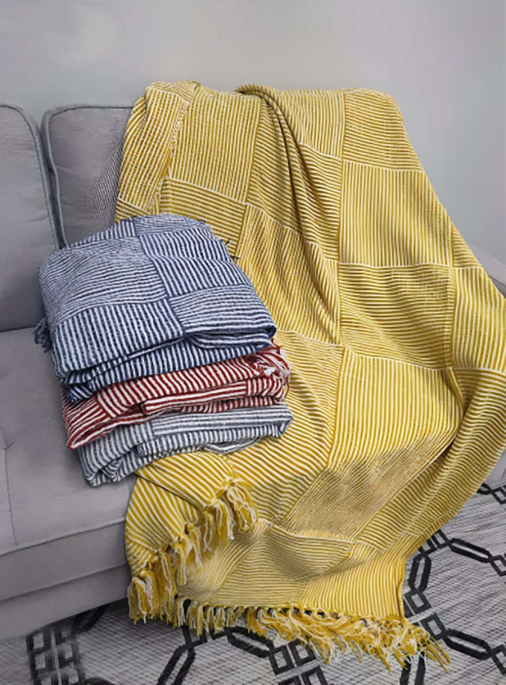 Fennco Styles Chenille Woven Striped Tassel Throw Blanket 50" W x 60" L - Grey Soft Blanket for Bed, Couch, Sofa, Home, Office and Holidays Décor