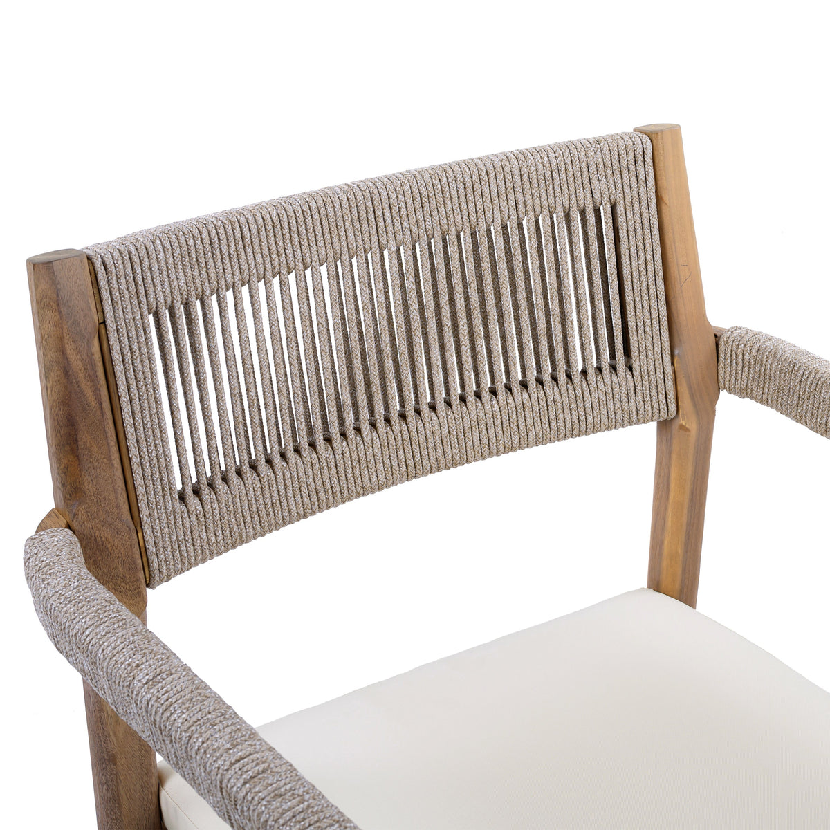 Braided Acacia Wood Outdoor Dining Chairs Set of 2 – Teak Look with Beige Rope & Cream Cushions