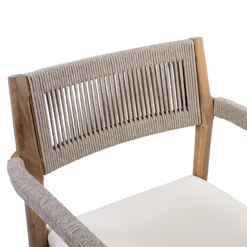 Braided Acacia Wood Outdoor Dining Chairs Set of 4 – Teak Look with Beige Rope & Cream Cushions