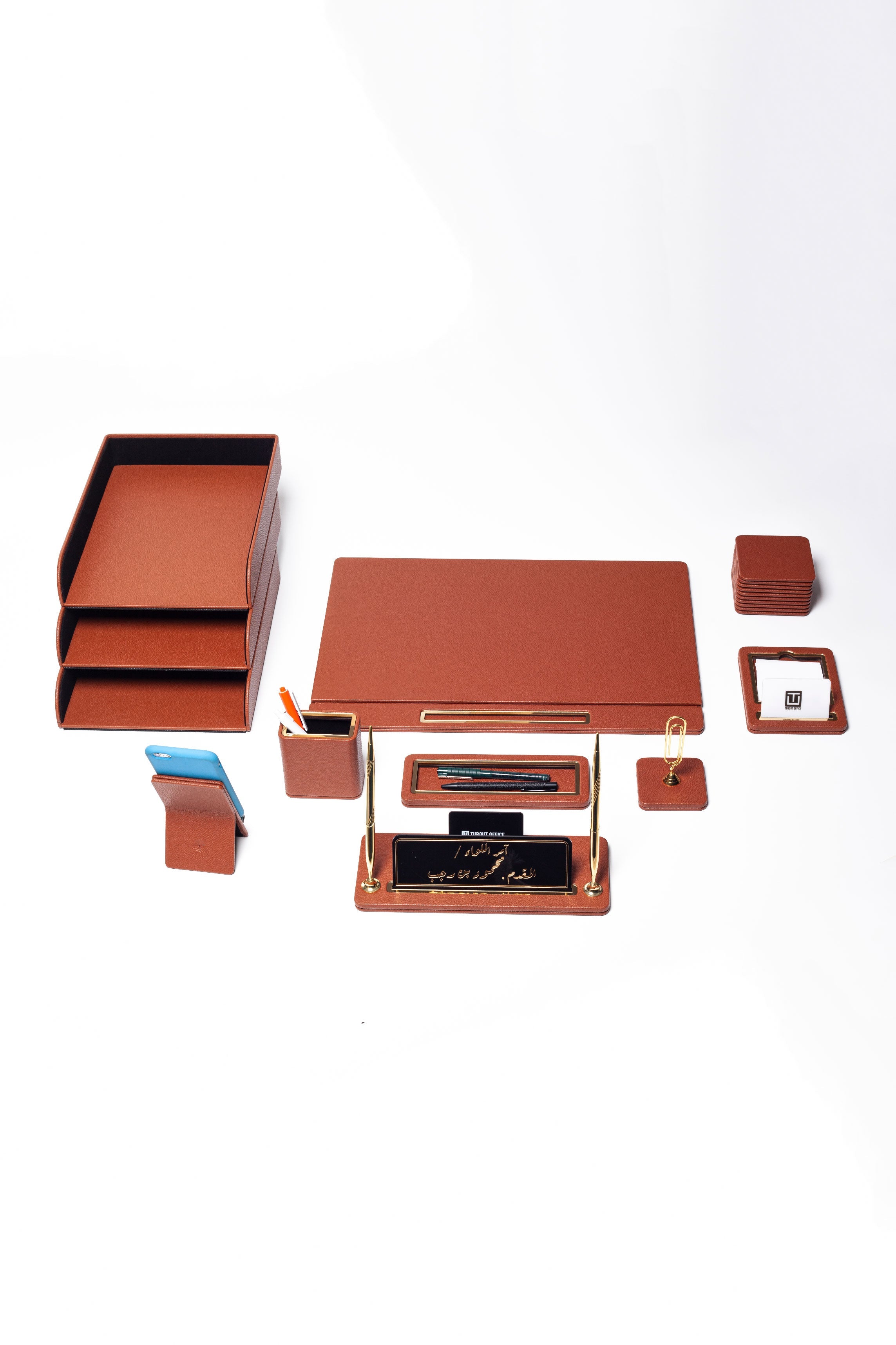 Capella Leather Desk Set — Tan & Gold, 11 Pieces