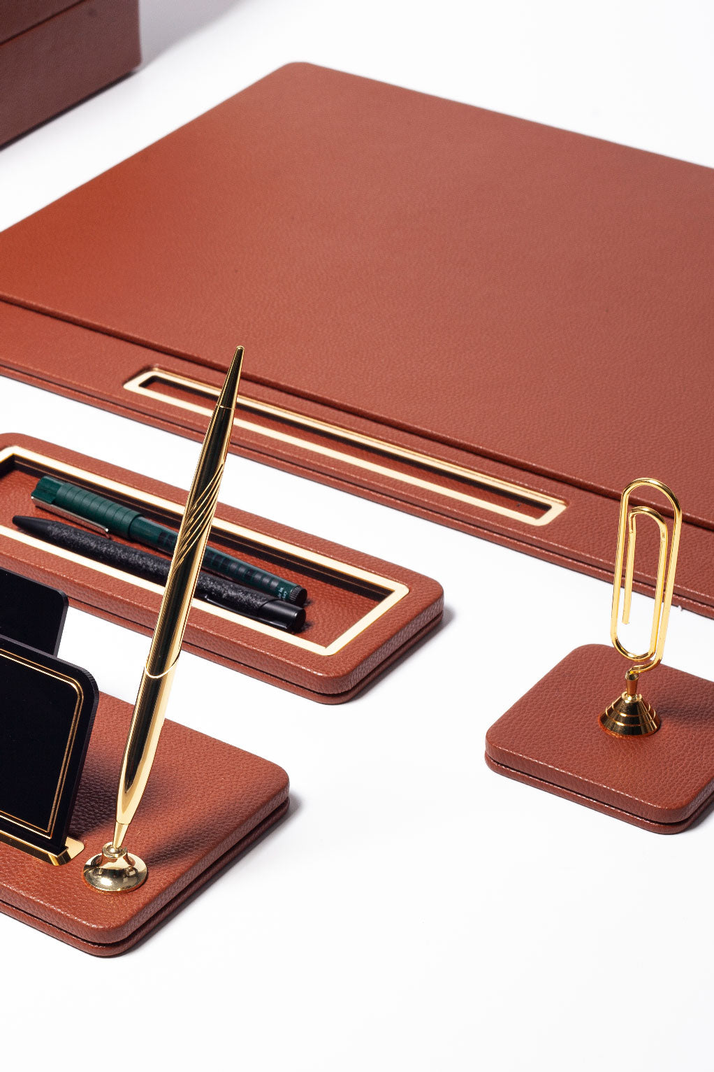Capella Leather Desk Set — Tan & Gold, 11 Pieces