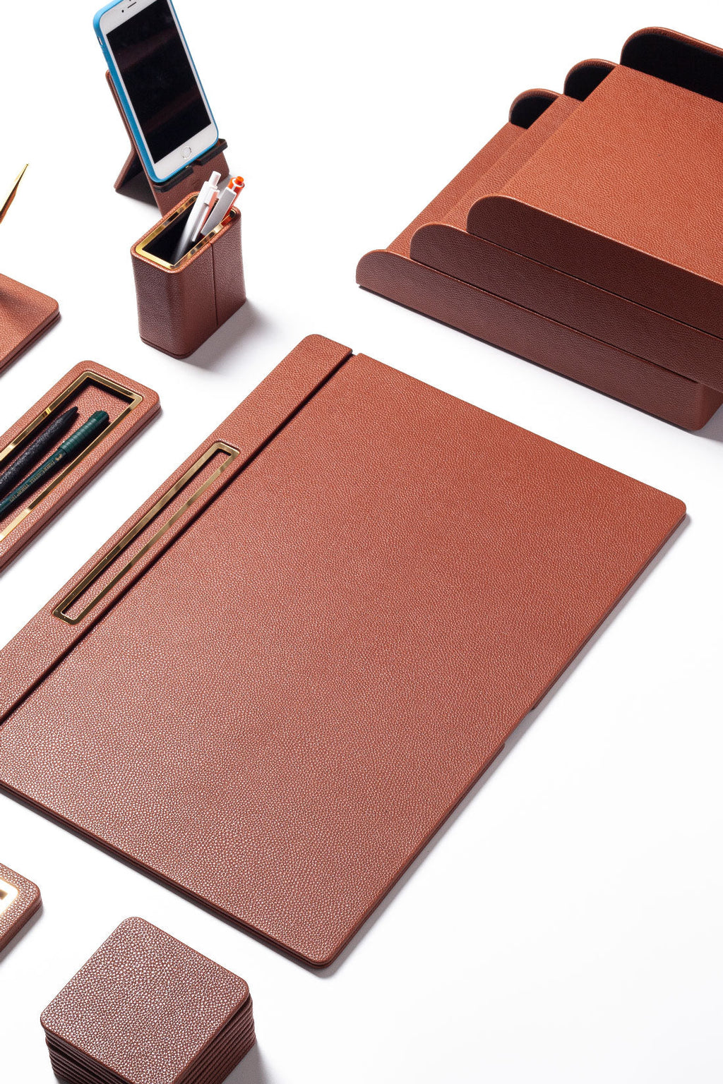 Capella Leather Desk Set — Tan & Gold, 11 Pieces