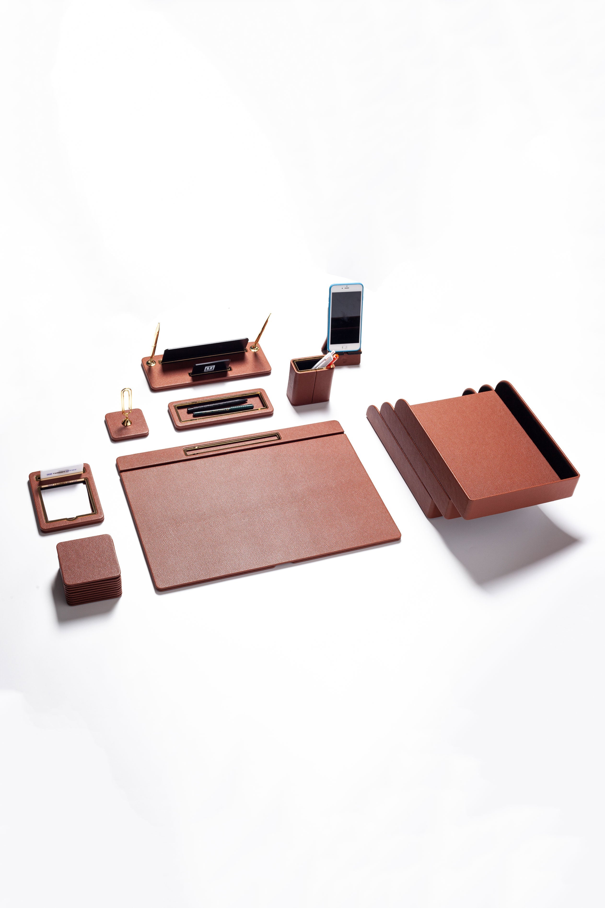 Capella Leather Desk Set — Tan & Gold, 11 Pieces