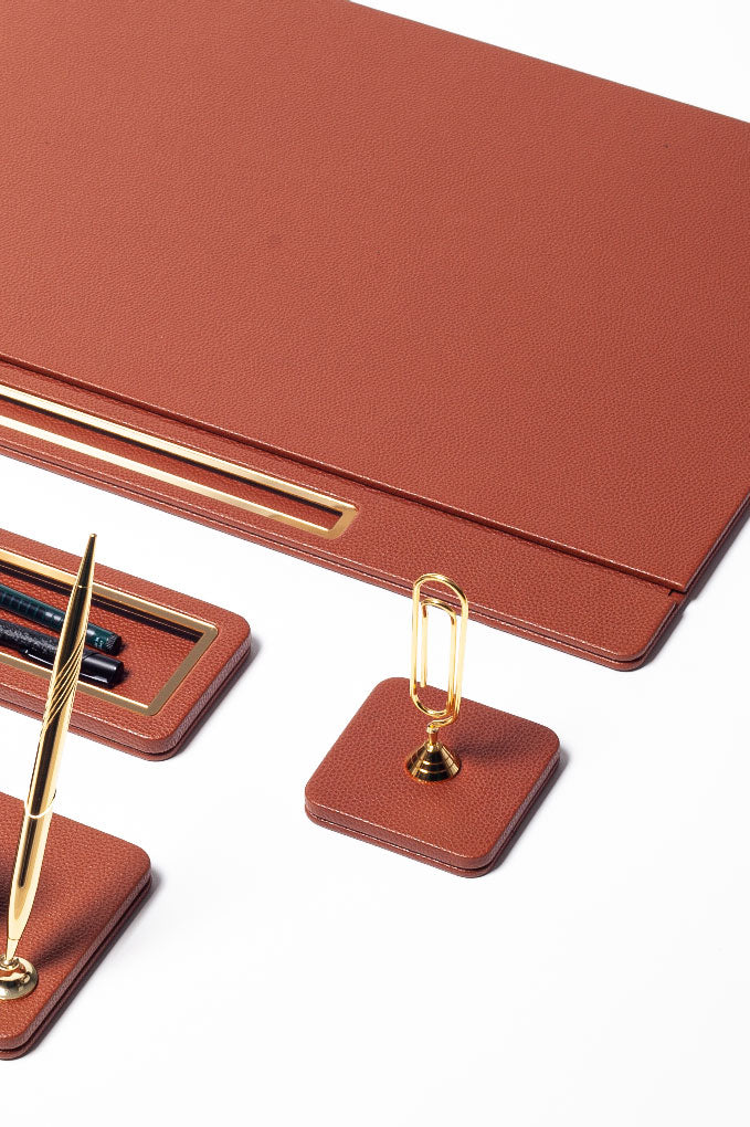Capella Leather Desk Set — Tan & Gold, 11 Pieces