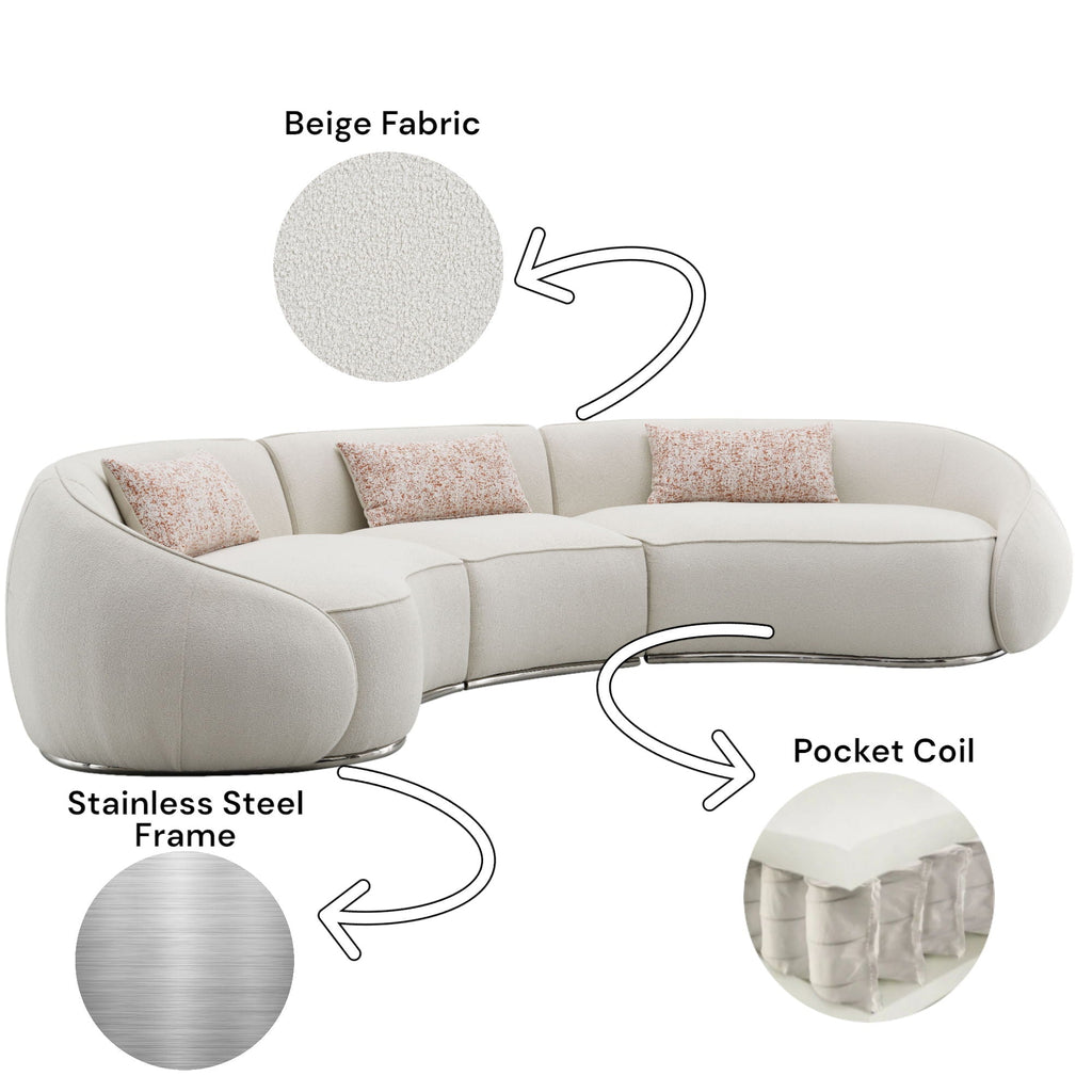 Bouclé Sectional Sofa with Stainless Steel Base — Beige