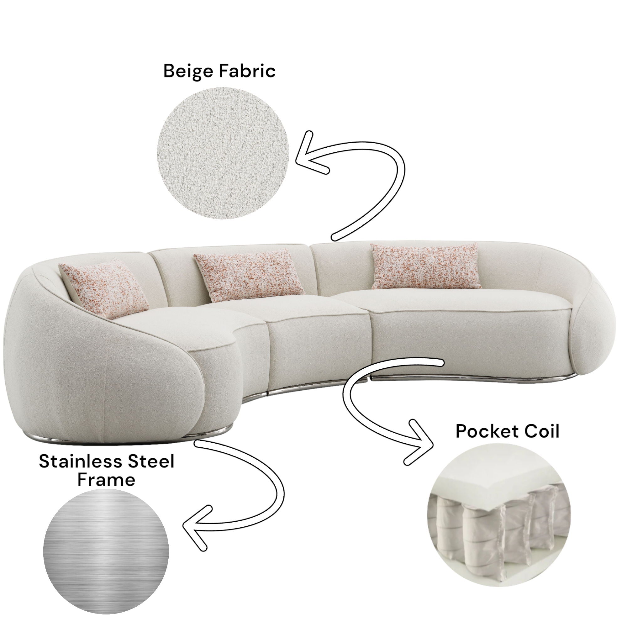 Bouclé Sectional Sofa with Stainless Steel Base — Beige