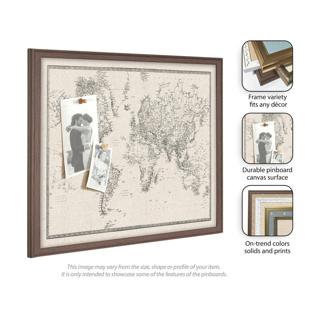 Framed Fabric Pinboard Vintage Black and White Linen World Map Wall Organization