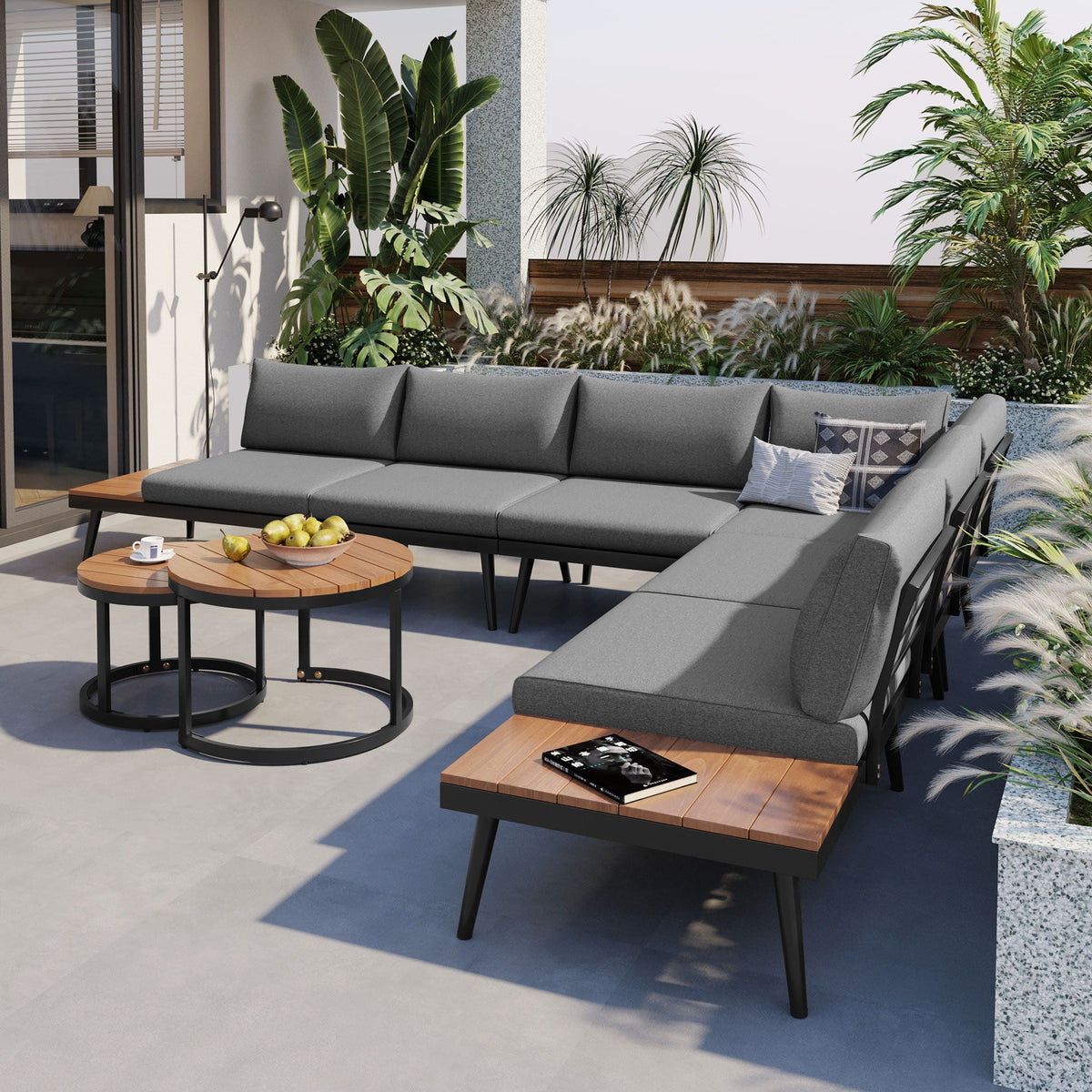 Modern Outdoor Sectional Sofa Set With Nesting Coffee Tables