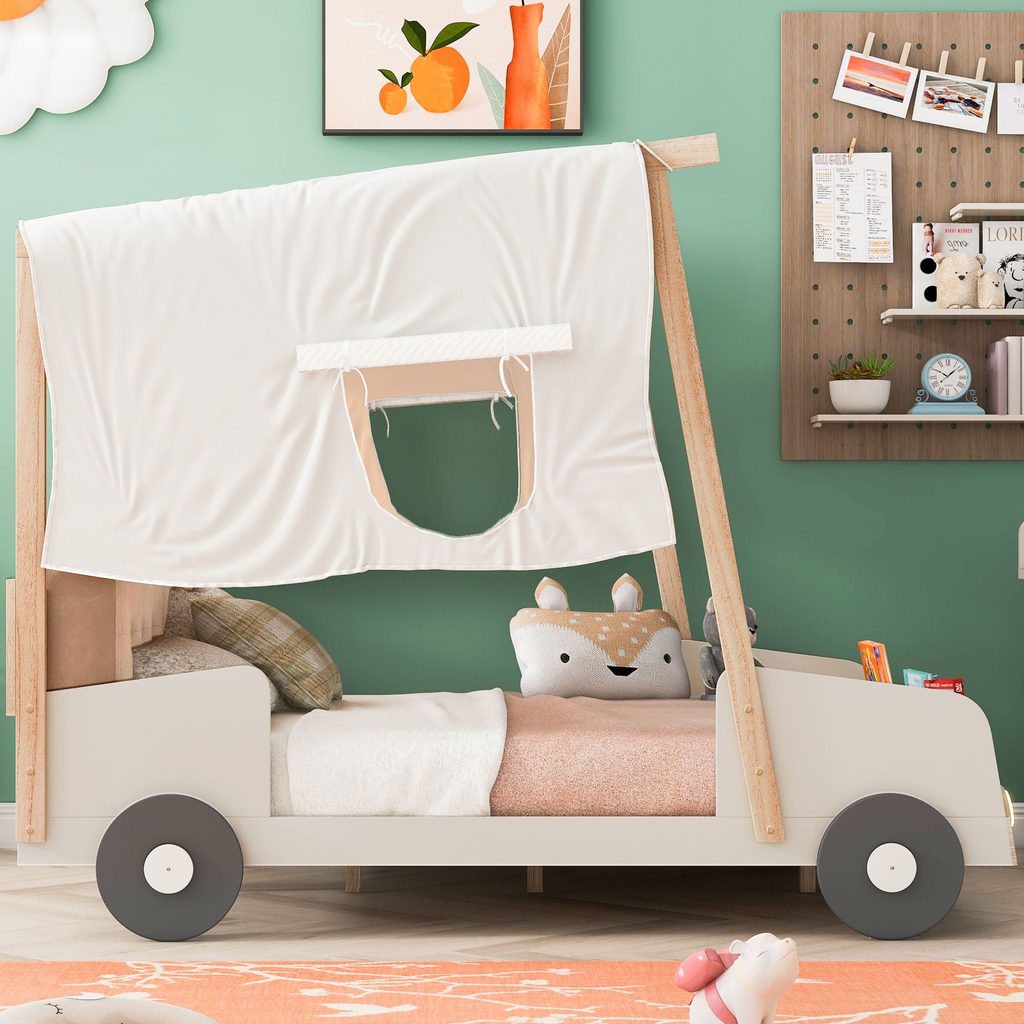 Twin Size Car Bed & Pillow, Ceiling Cloth And LED - Natural
