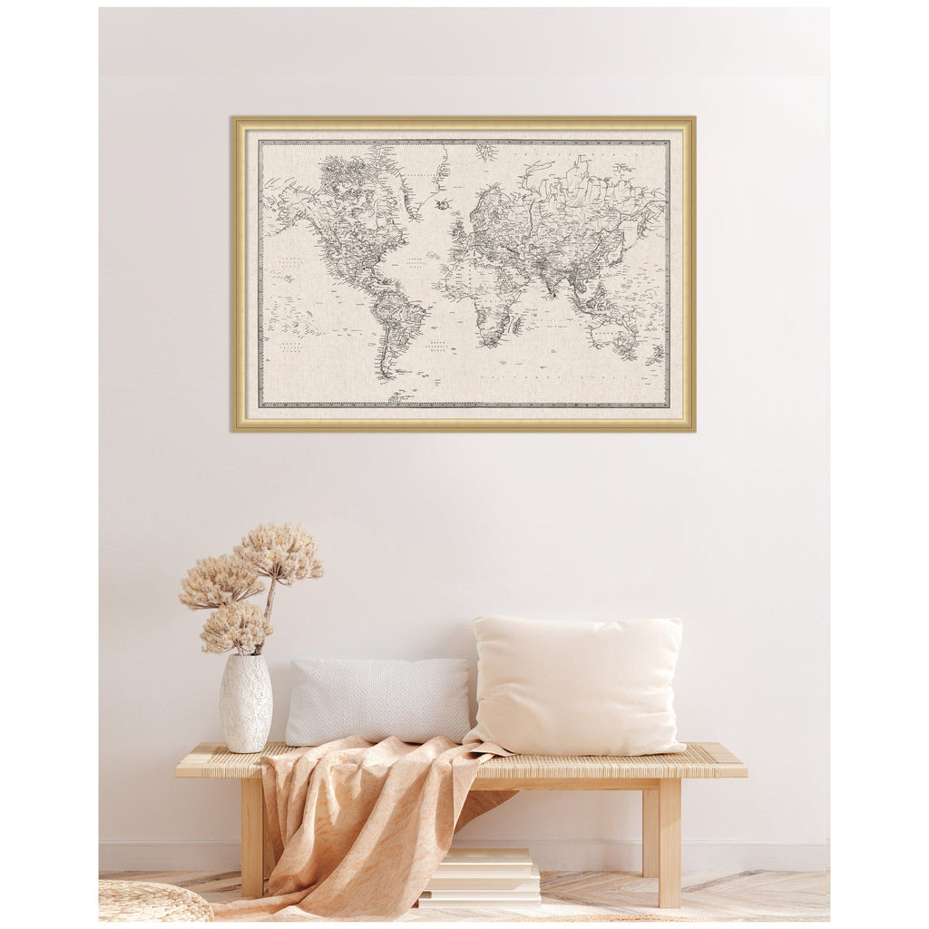 Framed Fabric Pinboard Vintage Black and White Linen World Map Wall Organization