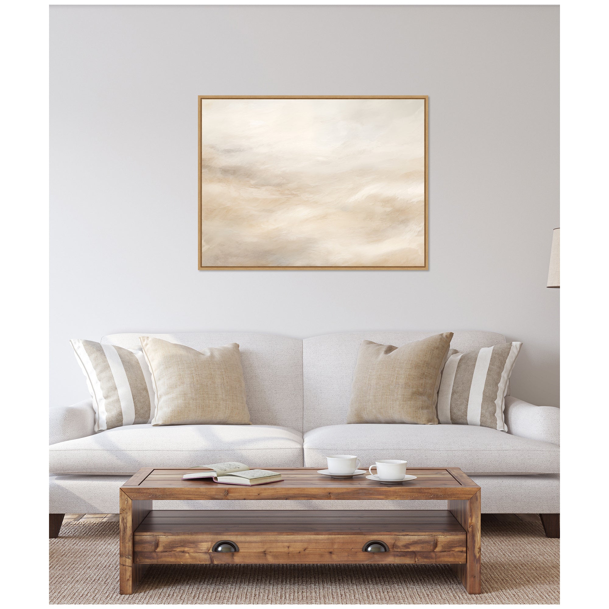 Sylvie Tonal Abstract Textural White and Beige Light Natural Neutrals Horizontal Framed Canvas by The Creative Bunch Studio