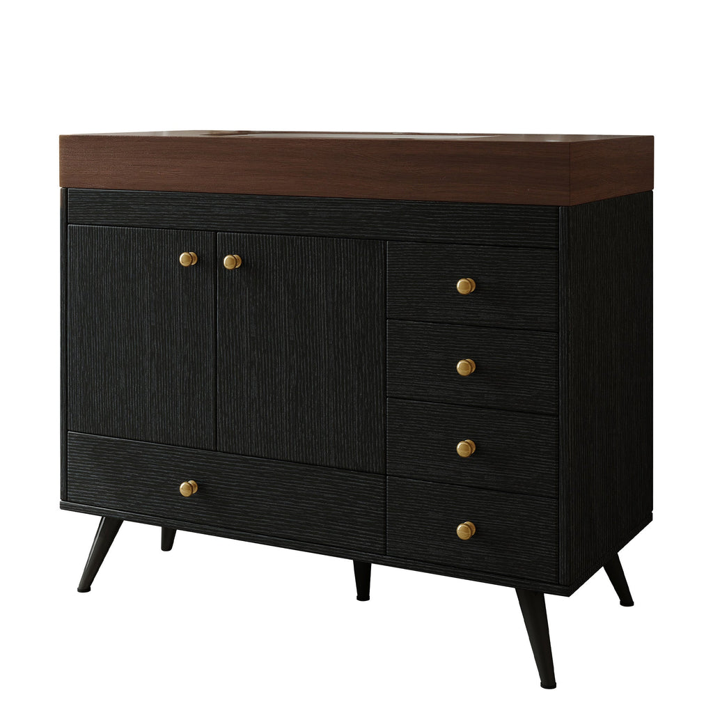 36" Freestanding Bathroom Vanity with Faux Marble Top, Ceramic Sink, 5 Drawers & Stainless Steel Legs