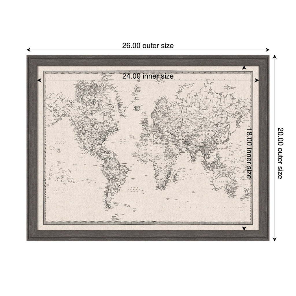 Framed Fabric Pinboard Vintage Black and White Linen World Map Wall Organization