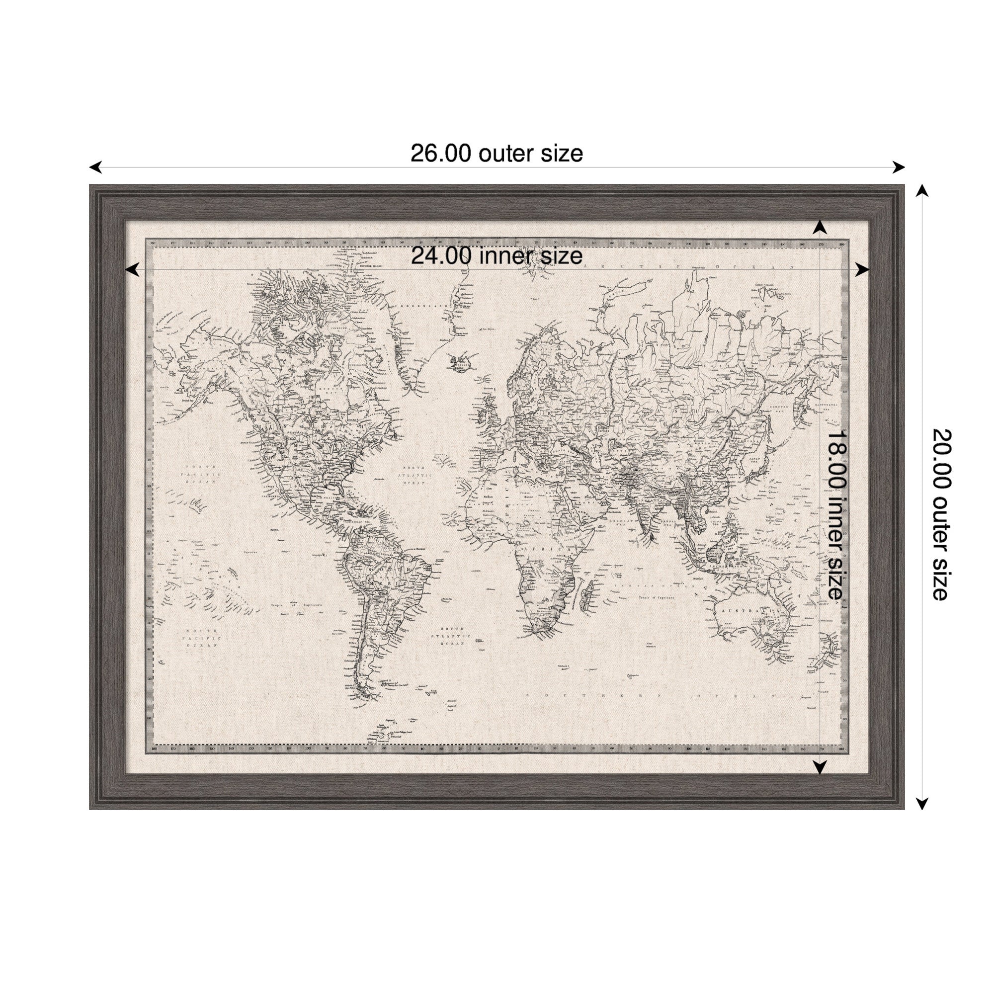 Framed Fabric Pinboard Vintage Black and White Linen World Map Wall Organization