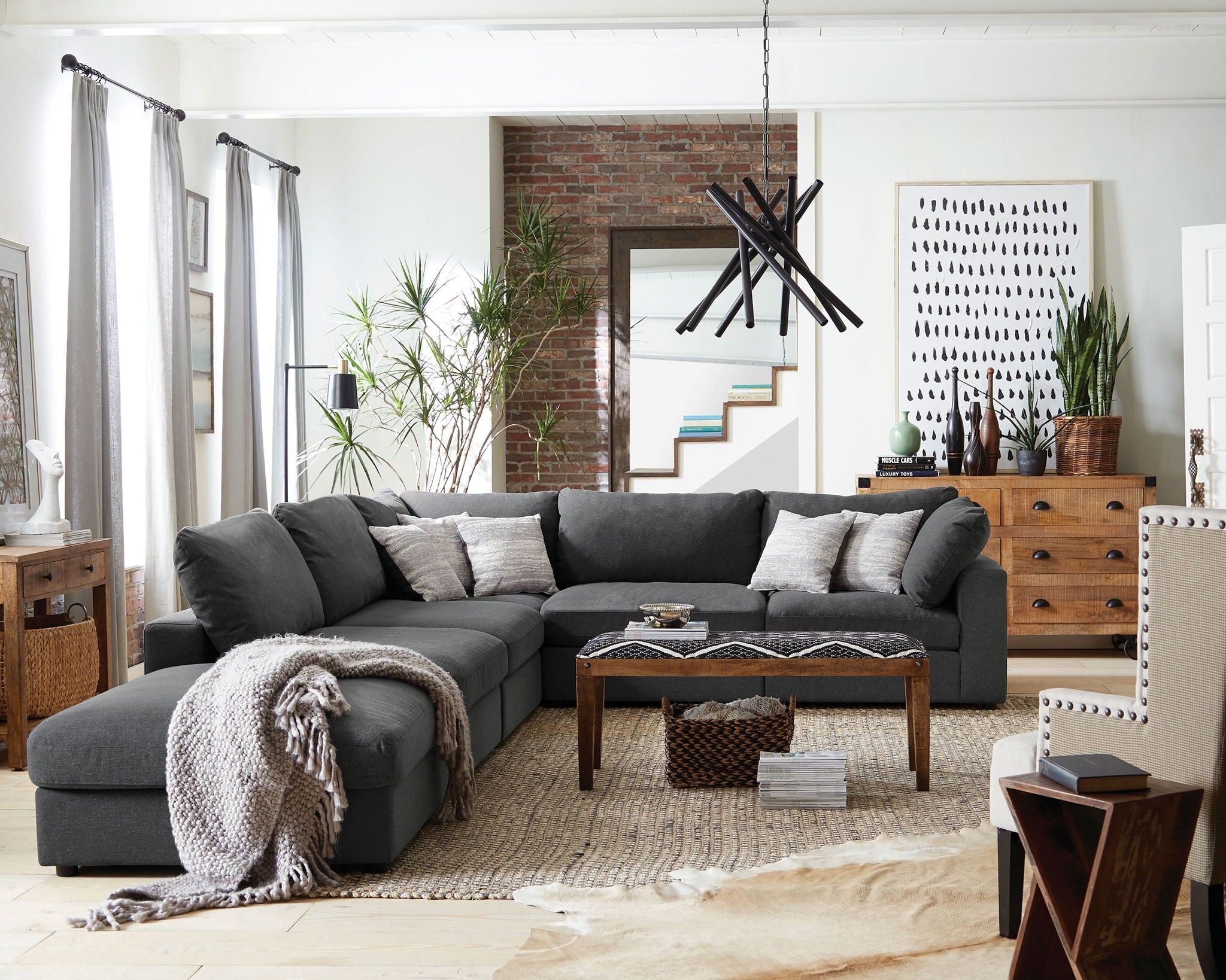 Linen-Blend Modular Ottoman — Charcoal