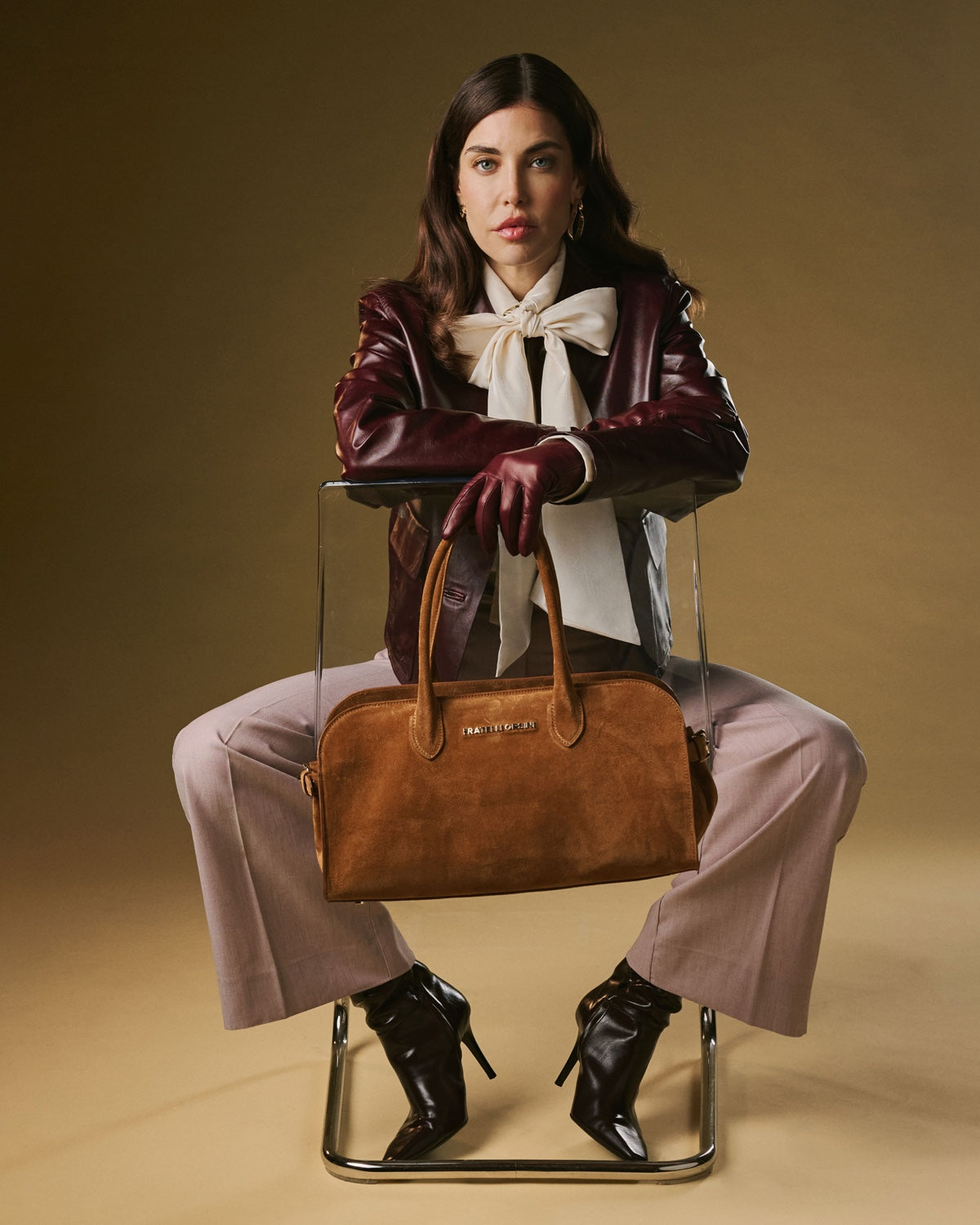 Chiara (cognac) - Italian calf suede women's handbag (with shoulder strap)