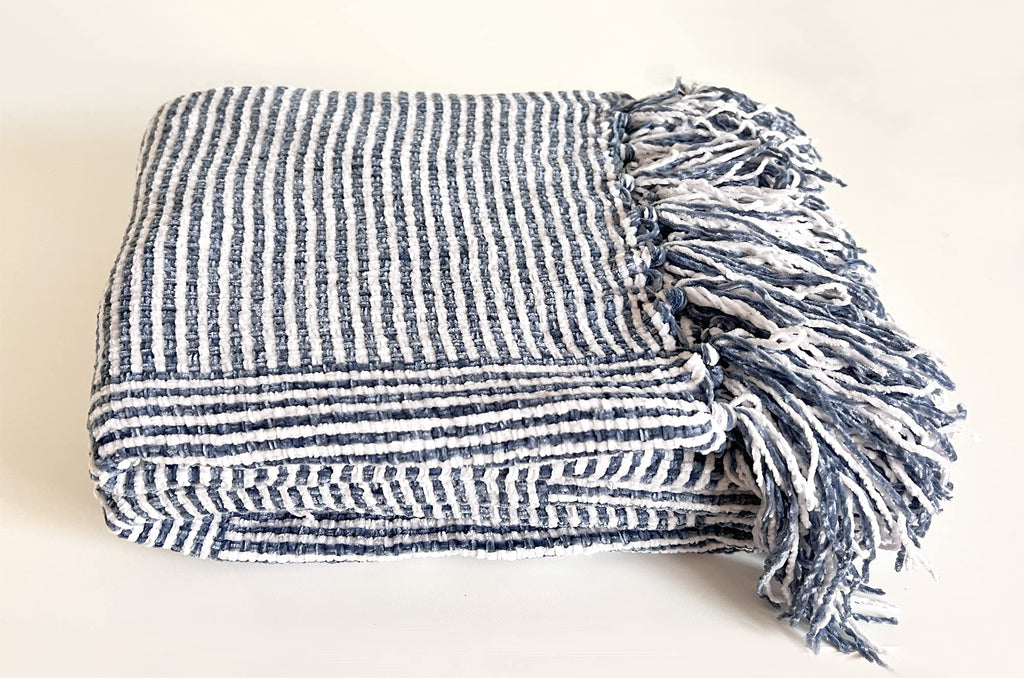 Fennco Styles Chenille Woven Striped Tassel Throw Blanket 50" W x 60" L - Grey Soft Blanket for Bed, Couch, Sofa, Home, Office and Holidays Décor