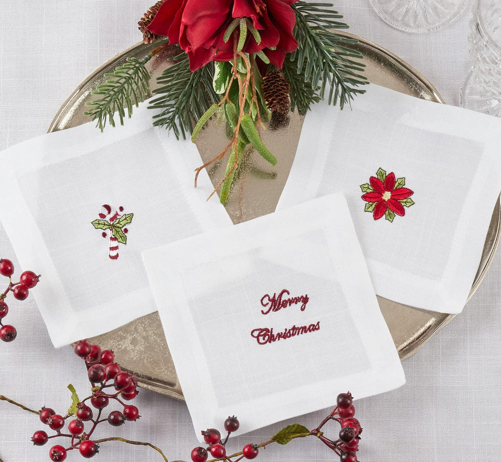 Fennco Styles Embroidered Christmas Cocktail Napkins 6" W x 6" L, Set of 4 - White Cloth Coasters for Dining Table, Family Gatherings, Holidays, Banquets & Home Décor