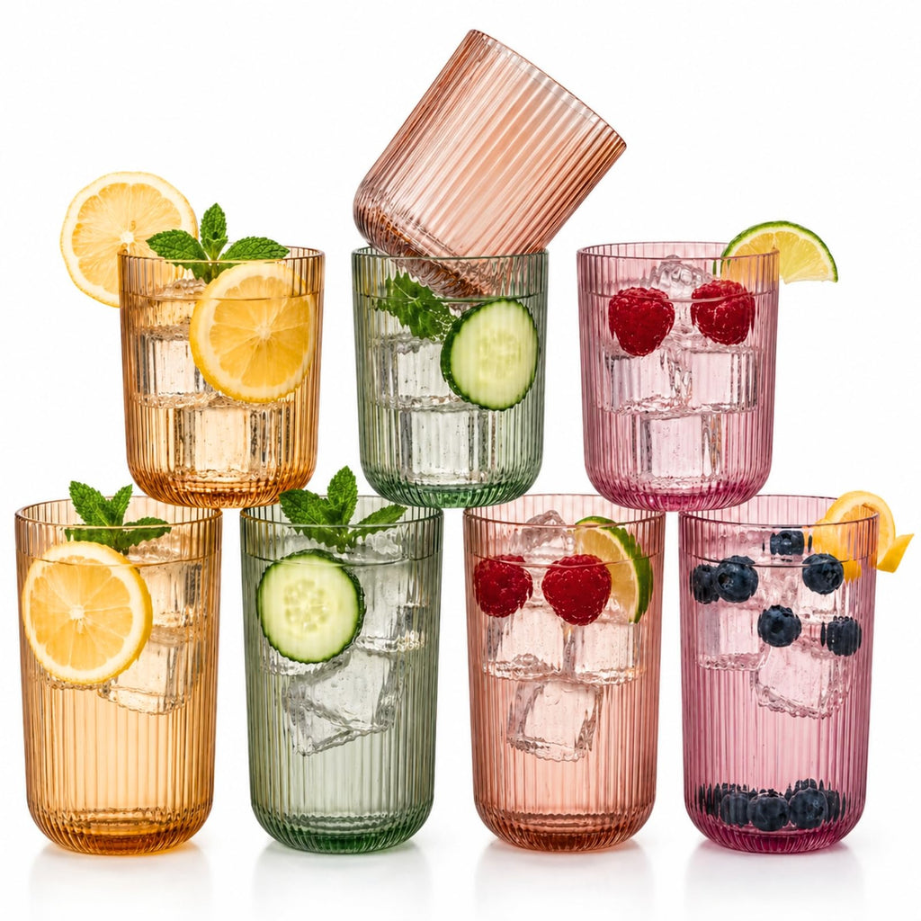 Set of 8 Ribbed Glasses - 4 Highball Glasses & 4 Lowball