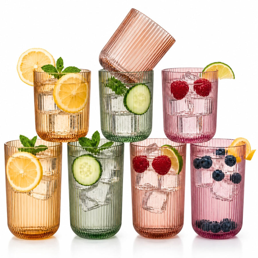 Ribbed Highball & Lowball Glasses — Set of 8