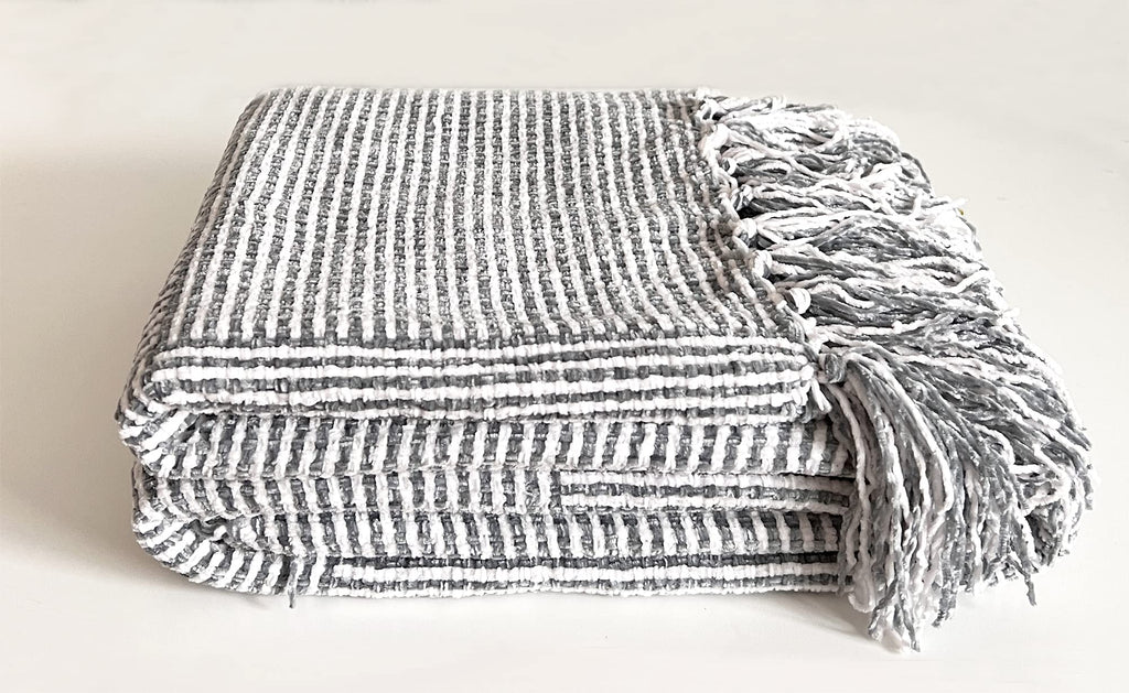 Fennco Styles Chenille Woven Striped Tassel Throw Blanket 50" W x 60" L - Grey Soft Blanket for Bed, Couch, Sofa, Home, Office and Holidays Décor