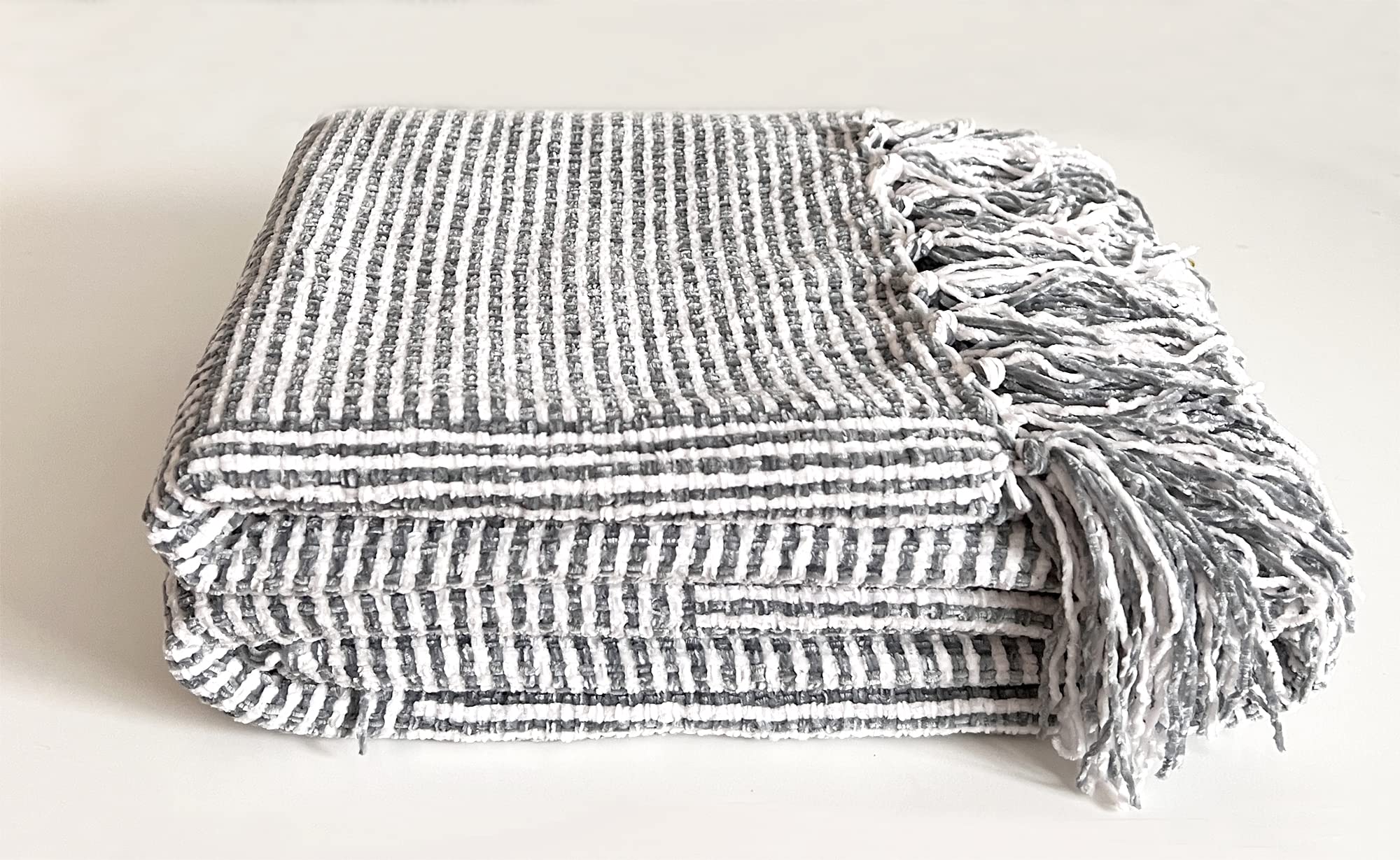 Fennco Styles Chenille Woven Striped Tassel Throw Blanket 50" W x 60" L - Grey Soft Blanket for Bed, Couch, Sofa, Home, Office and Holidays Décor