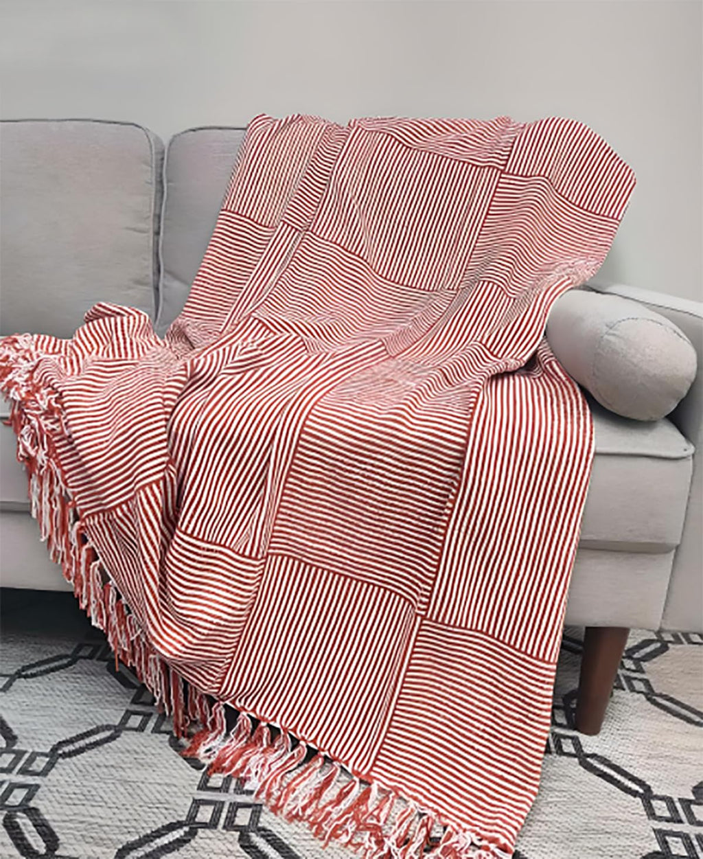 Fennco Styles Chenille Woven Striped Tassel Throw Blanket 50" W x 60" L - Grey Soft Blanket for Bed, Couch, Sofa, Home, Office and Holidays Décor