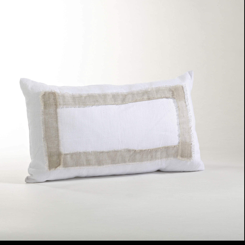 Fennco Styles White Crisp Natural Banded Rectangular 100% Linen Decorative Throw Pillow 12 x 20 Inch - White Accent Pillow for Home, Couch, Living Room, Bedroom and Office Decor